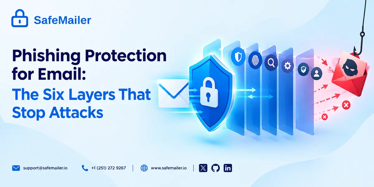 SafeMailer phishing protection banner showing a secure email shield with six layers of defense blocking a phishing email and protecting business communication