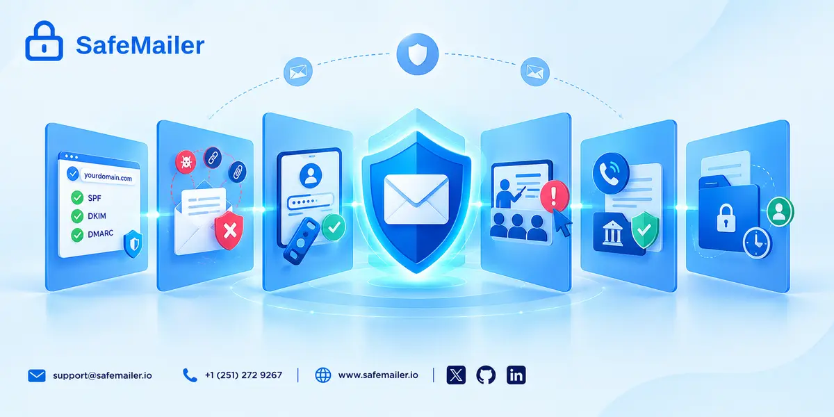 SafeMailer six-layer phishing defense illustration featuring domain authentication, email filtering, multi-factor authentication, awareness training, payment verification, and protected email data